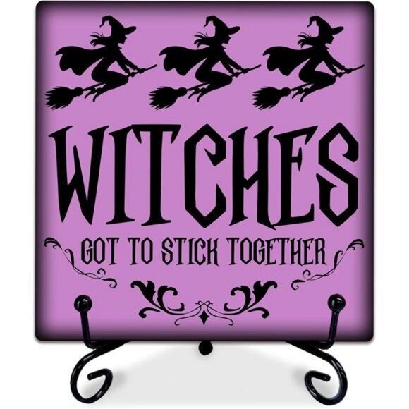 Halloween Wooden Sign with Metal Stand - Witches Got To Stick Together - 5 Inch - Picture 1 of 6